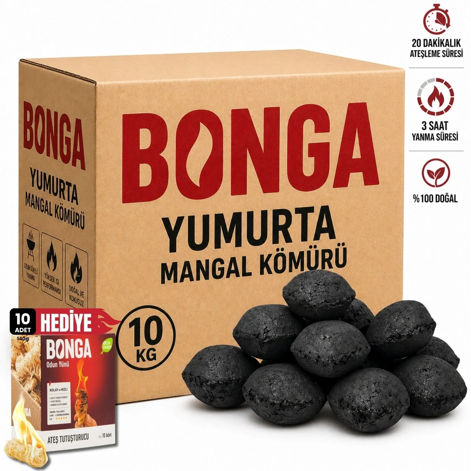 Briket Yumurta Kömür - 10 kg + Hediye 10 Adet Kömür Tutuşturucu