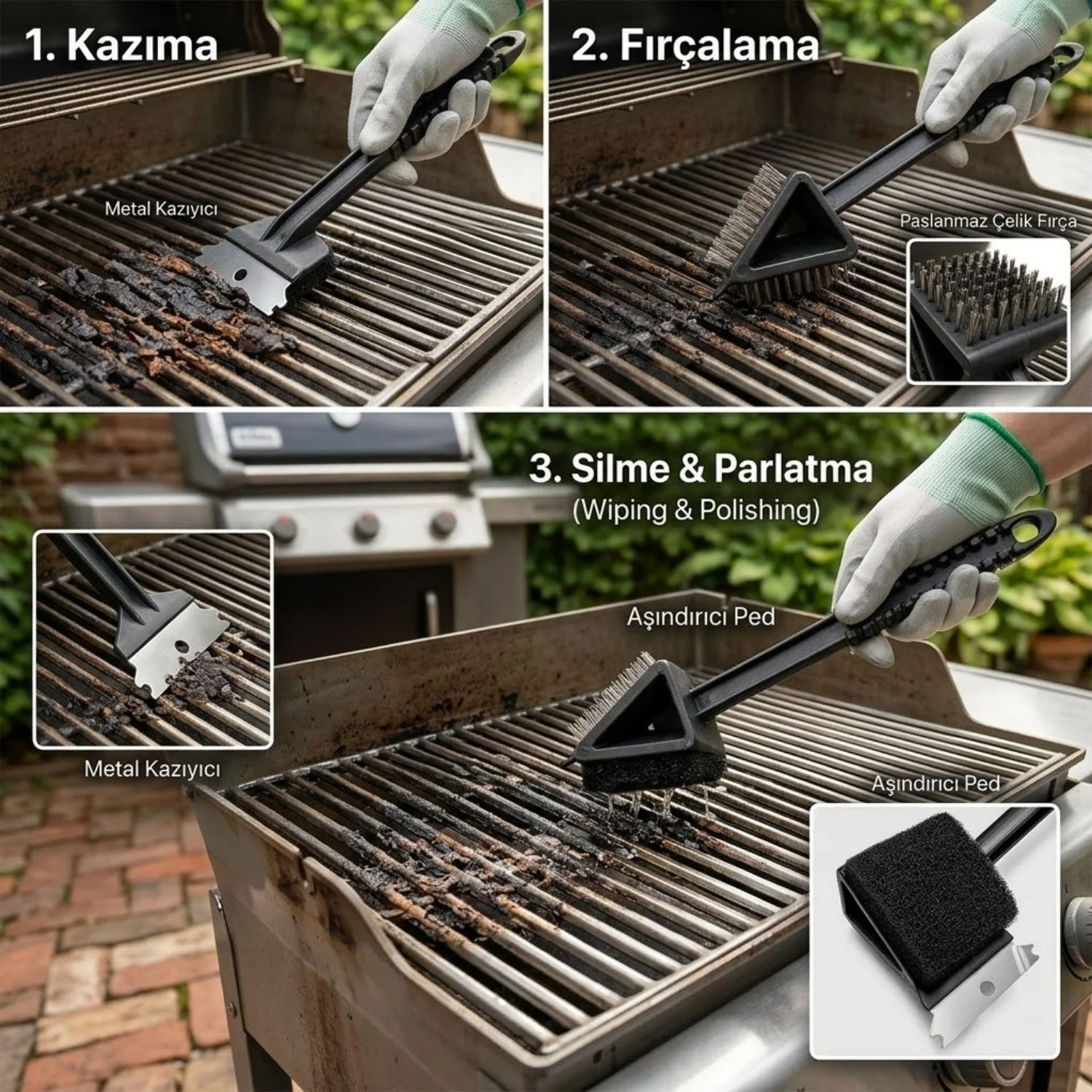 Uzun Saplı Barbekü Mangal 3lü Izgara Temizleme Fırçası 35 cm - Tel Fırça, Kazıyıcılı ve Süngerli