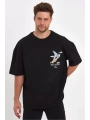 Erkek Melek Baskılı Oversize T-shirt - Siyah