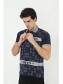 Erkek Yakalı Slim Fit Baskılı T-Shirt - Lacivert