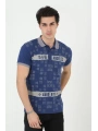 Erkek Yakalı Slim Fit Baskılı T-Shirt - Mavi