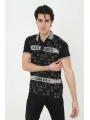 Erkek Yakalı Slim Fit Baskılı T-Shirt - Siyah