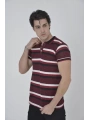 Erkek Yakalı Slim Fit Dokuma Çizgili T-Shirt - Bordo