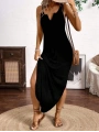 Kadın Askılı Yuvarlak Yaka Asimetrik Detaylı Viskon Elbise