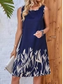 Kadın Askılı Yuvarlak Yakalı Yaprak Desenli Dalgıç Elbise
