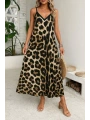 Kadın Ip Askılı Geniş V Yakalı Leopar Desenli Süprem Elbise