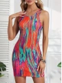 Kadın Kalın Askılı çok Renkli Dalgıç Mini Elbise