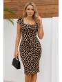 Kadın Kısa Kollu Kare Yakalı Leopar Desenli Dalgıç Elbise