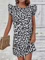 Kadın Kısa Kollu Kolları Fırfır Detay Arkası Bağlamalı Leopar Desen Kolsuz Mini Mikro Elbise