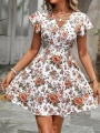 Kadın Kısa Kollu Kruvaze Yakalı çiçek Desenli Süprem Elbise