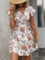 Kadın Kısa Kollu Kruvaze Yakalı çiçek Desenli Süprem Elbise