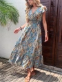 Kadın Kısa Kollu Kruvaze Yakalı Desenli Maxi Elbise