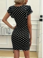 Kadın Kısa Kollu Kruvaze Yakalı örme Puantiyeli Krep Elbise