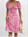 Kadın Kısa Kollu Mini çiçek Baskılı Bağcık Detay Süprem Midi Boy Elbise