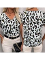 Kadın Kısa Kollu V Yaka Leopar Desen Krep Bluz