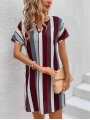 Kadın Kısa Kollu V Yakalı çizgi Baskılı Süprem Elbise