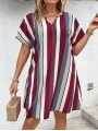 Kadın Kısa Kollu V Yakalı çizgi Baskılı Süprem Elbise