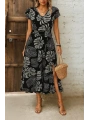 Kadın Kısa Kollu V Yakalı Desenli Yandan Yırtmaçlı Süprem Elbise