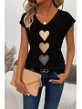 Kadın Kısa Kollu V Yakalı Kalp Desen Viskon Bluz