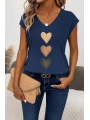Kadın Kısa Kollu V Yakalı Kalp Desen Viskon Bluz