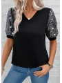 Kadın Kısa Kollu V Yakalı Pul Payet Detaylı Viskon Bluz