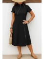 Kadın Kısa Kollu Yakadan Ve Etekten Fermuarlı Midi Viskon Iki Iplik Elbise