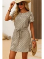 Kadın Kısa Kollu Yuvarlak Yaka Beli Kuşaklı Geometrik Desenli Süprem Elbise