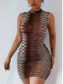 Kadın Sıfır Kol Desenli Mini Bodycon Dalgıç Elbise