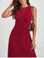 Kadın Sıfır Kollu Bisiklet Yaka Büzgülü Asimetrik Kesim Detaylı Janjan Krep Elbise