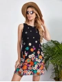 Kadın Sıfır Kollu Bisiklet Yaka çiçek Desenli Süprem Mini Elbise