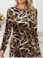 Kadın Uzun Kollu Bisiklet Yaka Desenli Dalgıç Kısa Elbise