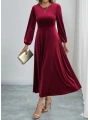 Kadın Uzun Kollu Bisiklet Yaka Midi Kadife Elbise