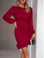 Kadın Uzun Kollu Bisiklet Yaka önden Volanlı Ithal Krep Elbise