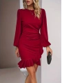 Kadın Uzun Kollu Bisiklet Yaka önden Volanlı Ithal Krep Elbise
