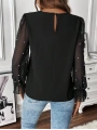 Kadın Uzun Kollu Bisiklet Yaka Tül Detaylı Incili Ithal Krep Bluz