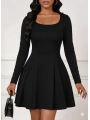 Kadın Uzun Kollu Kare Yakalı Mini Ithal Krep Elbise