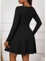 Kadın Uzun Kollu Kare Yakalı Mini Ithal Krep Elbise
