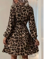 Kadın Uzun Kollu Kruvaze Yaka Belden Kuşaklı çapraz Kesim Detaylı Leopar Modal Mini Elbise