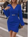 Kadın Uzun Kollu Kruvaze Yaka Yandan Büzgülü Asimetrik Detaylı Ithal Krep Mini Elbise