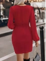 Kadın Uzun Kollu Kruvaze Yaka Yandan Büzgülü Asimetrik Detaylı Ithal Krep Mini Elbise