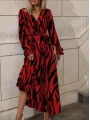 Kadın Uzun Kollu Kruvaze Yakalı Kuşaklı Zebra Desenli Süprem Maxi Elbise