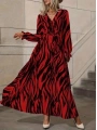 Kadın Uzun Kollu Kruvaze Yakalı Kuşaklı Zebra Desenli Süprem Maxi Elbise