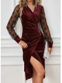 Kadın Uzun Kollu Kruvaze Yakalı Yandan Düğmeli önden çapraz Kesin Detaylı Midi Kadife Elbise