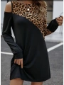 Kadın Uzun Kollu Omuzdan Açık Leopar Desenli Viskon Iki Iplik Mini Elbise