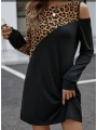 Kadın Uzun Kollu Omuzdan Açık Leopar Desenli Viskon Iki Iplik Mini Elbise