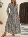Kadın Uzun Kollu Uakadabağcıklı Beli Lastikli Desenli Uzun Süprem Elbise