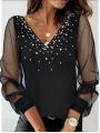 Kadın Uzun Kollu V Yaka Kolları Tül Yaka Kenarı Ve Göğüs Inci Detay Krep Bluz