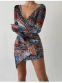 Kadın Uzun Kollu V Yaka Leopar Etnik Desen Fırsat ürün Mini Kruvaze Elbise