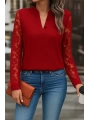 Kadın Uzun Kollu Yaka Düğme Detay Güpürlü Kol Krep Bluz
