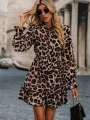 Kadın Uzun Kollu Yakadan Bağcıklı Modal Leopar Desenli Mini Elbise